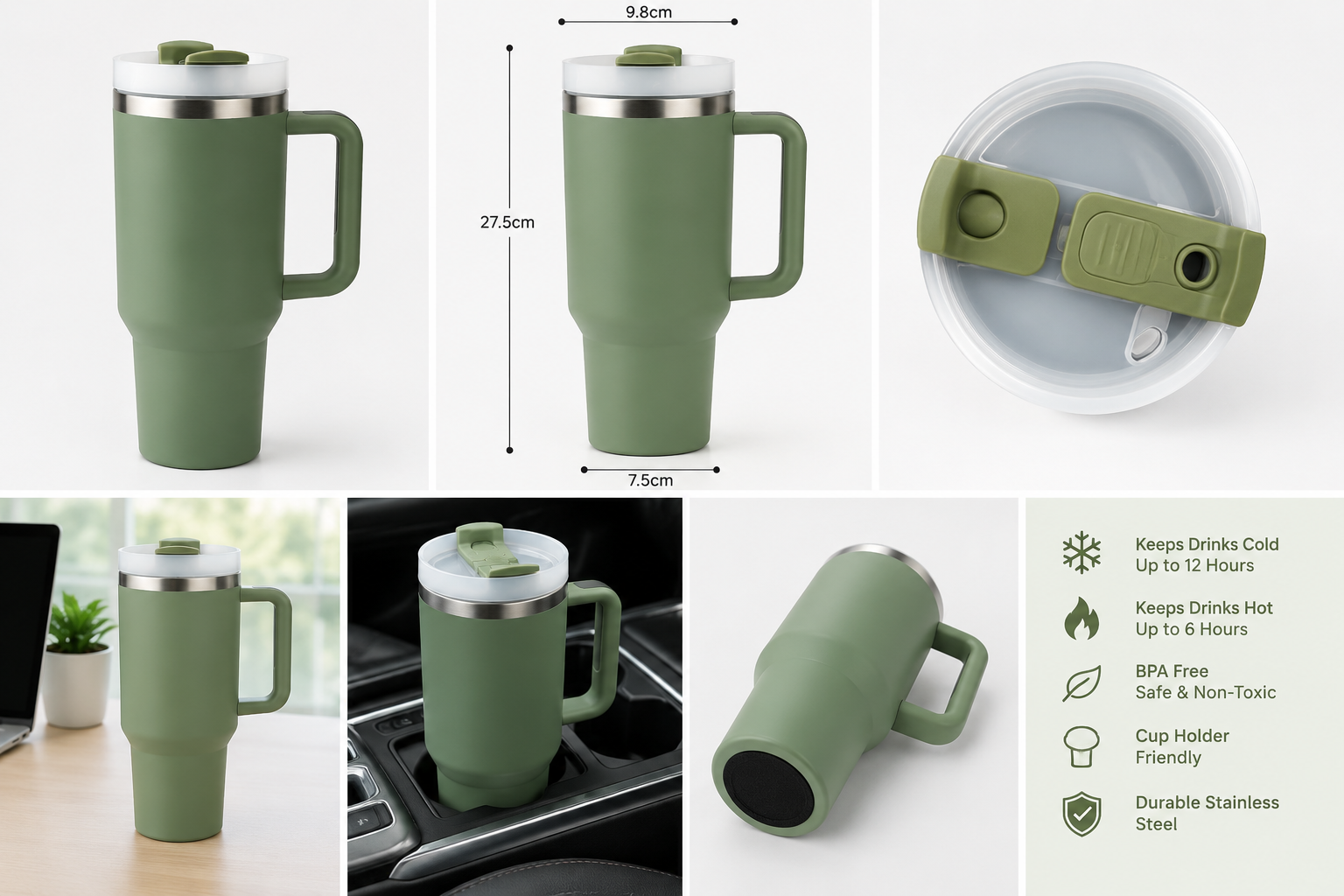40oz Insulated Travel Tumbler with Handle – Green